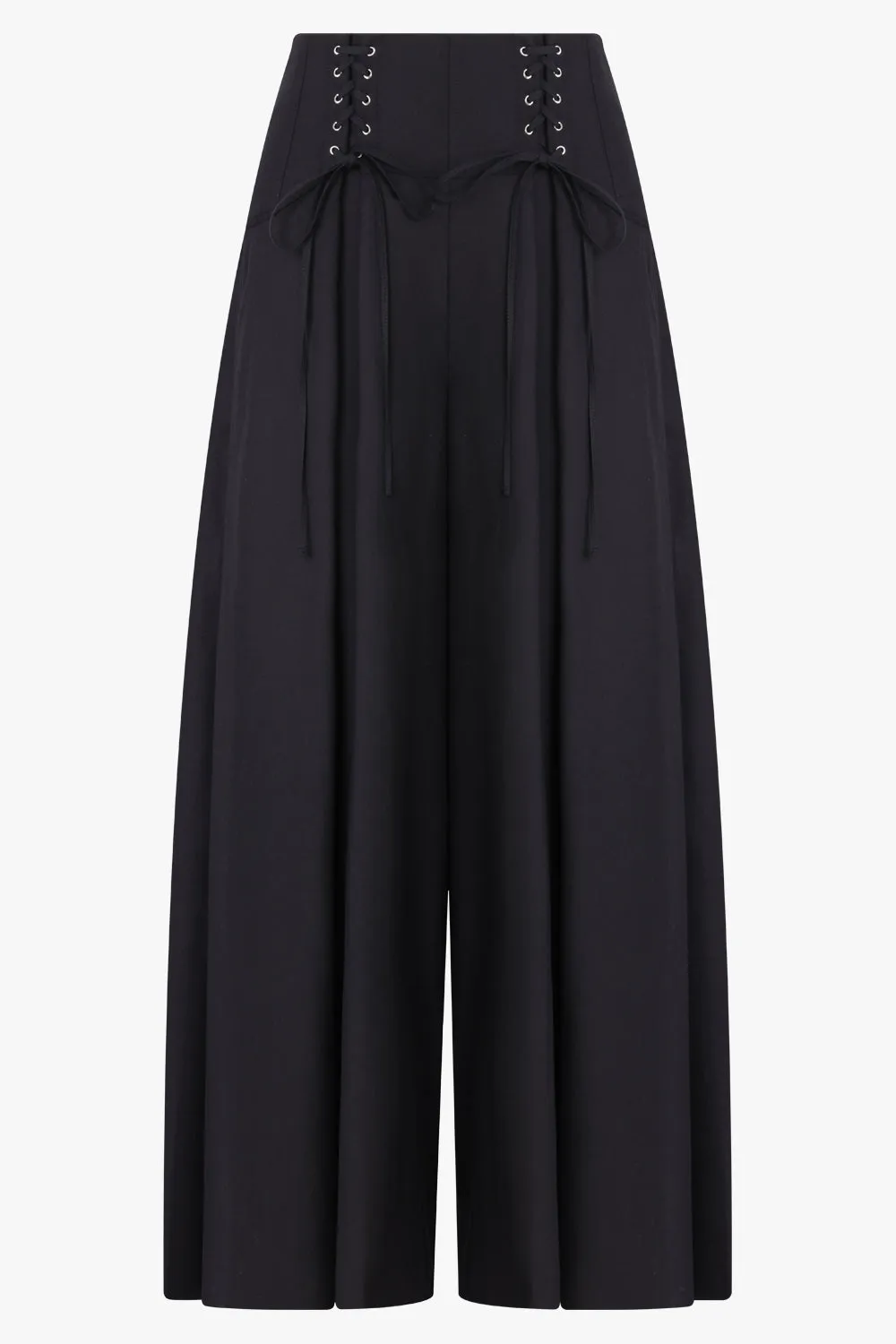 Lace Up Wool Gabardine Wide Leg Pants | Black