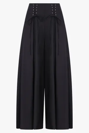 Lace Up Wool Gabardine Wide Leg Pants | Black