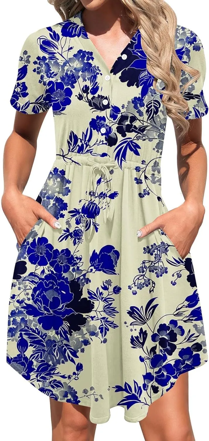 Ladies' V Neck Cape Short Sleeve Midi Dresses Flowy Drawstring Wrap Shirt Dress Belt Stylish Elegant Sundress for Summer