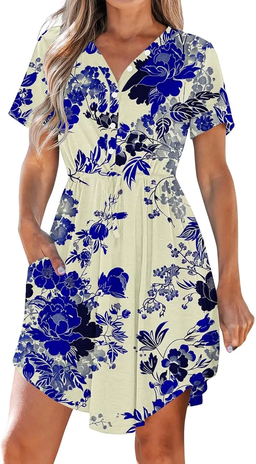 Ladies' V Neck Cape Short Sleeve Midi Dresses Flowy Drawstring Wrap Shirt Dress Belt Stylish Elegant Sundress for Summer