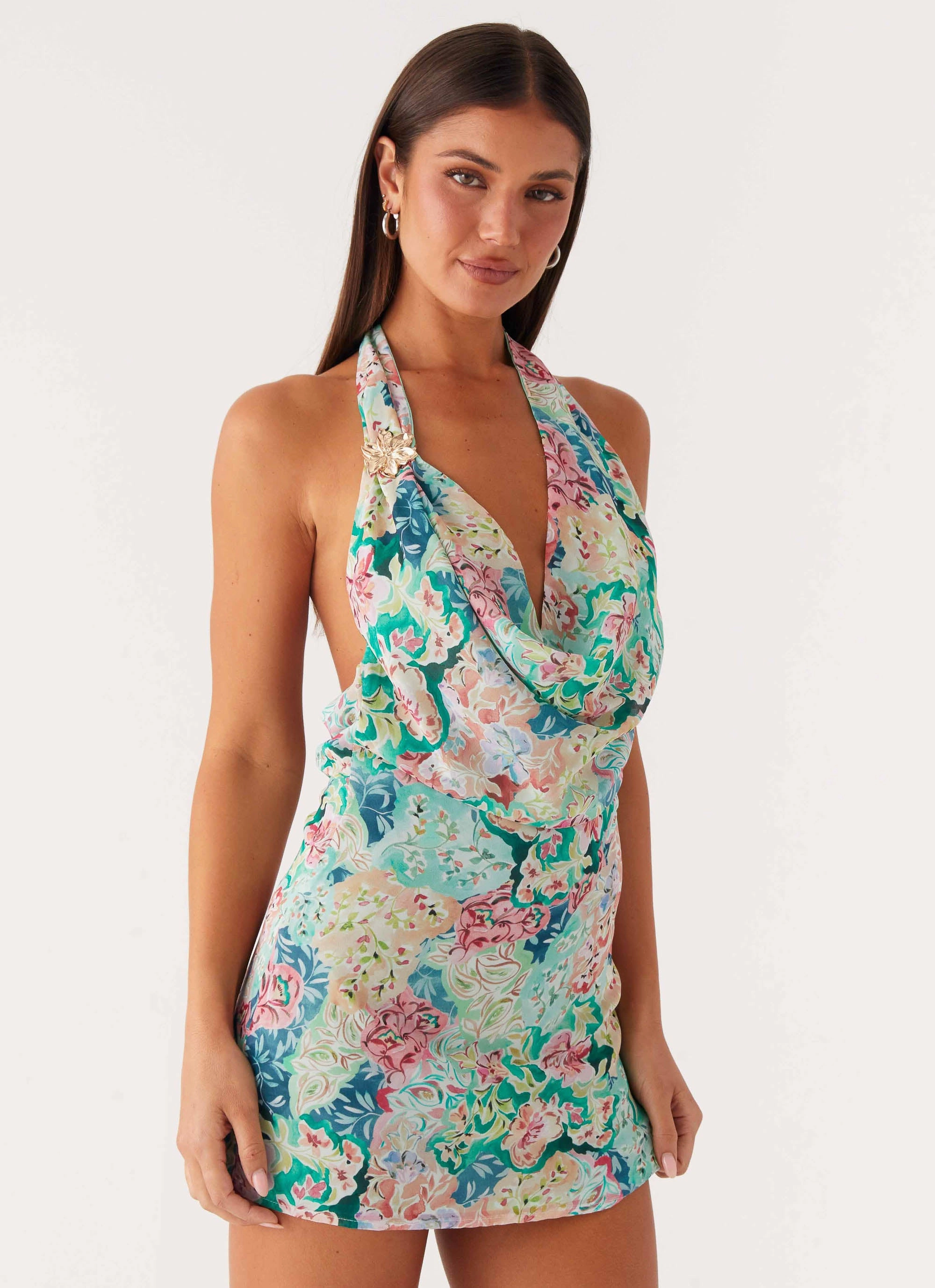 Laid-Back Cowl Mini Dress - Santorini Floral