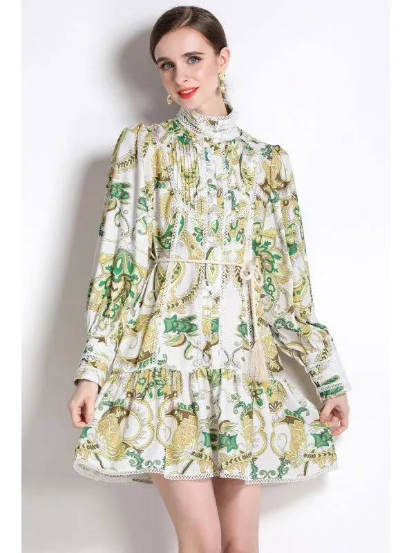 Lantern Sleeve Printed Short Dress