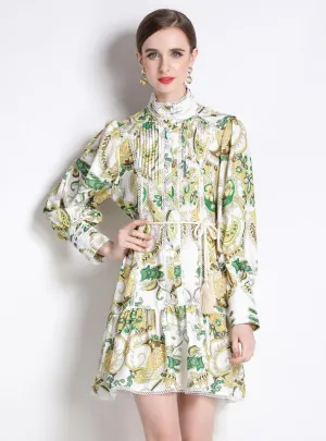 Lantern Sleeve Printed Short Dress