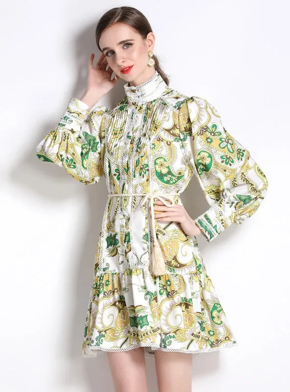 Lantern Sleeve Printed Short Dress
