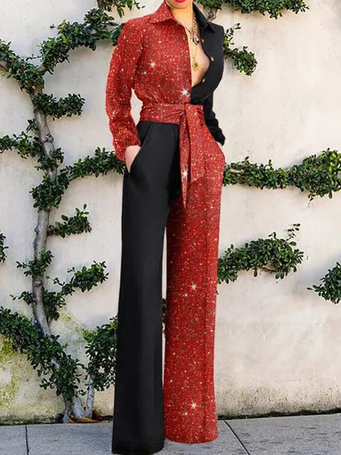 Lapel Lace-Up Vintage High Jumpsuit