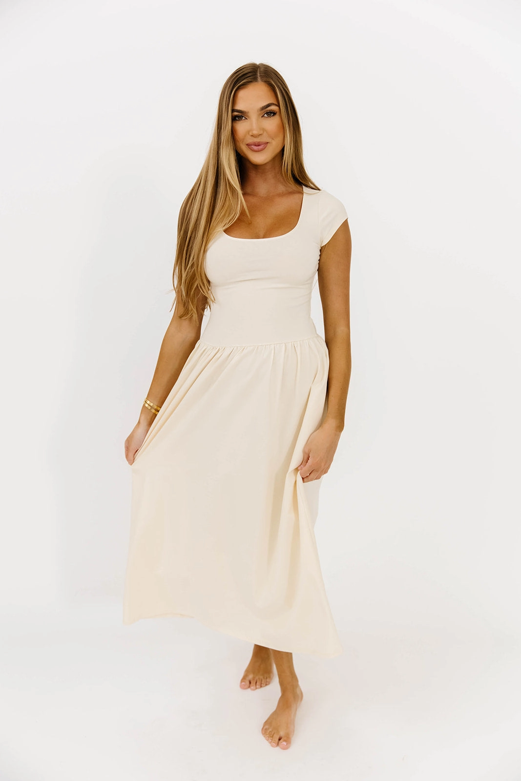 Larissa Cap Sleeve Midi Dress in Ecru