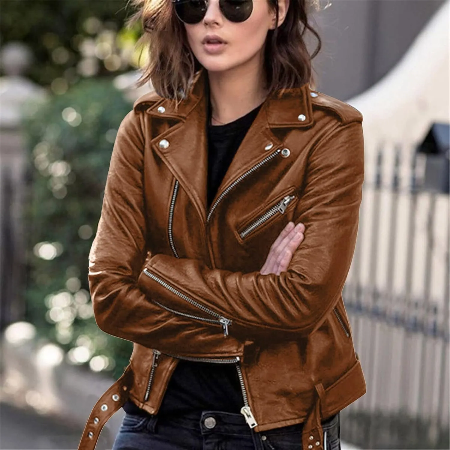 Leather Jacket Women Faux Suede Leather Jacket Zip Up Motorcycle Jacket Open Front Coat Cropped Jacket Vintage Coat