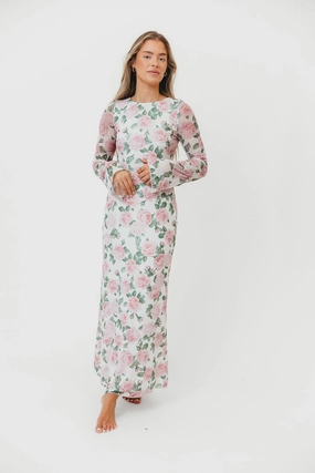 Leeland Floral Print Bell Sleeve Maxi Dress in Light Pink Leeland Floral Print Bell Sleeve Maxi Dress in Light Pink