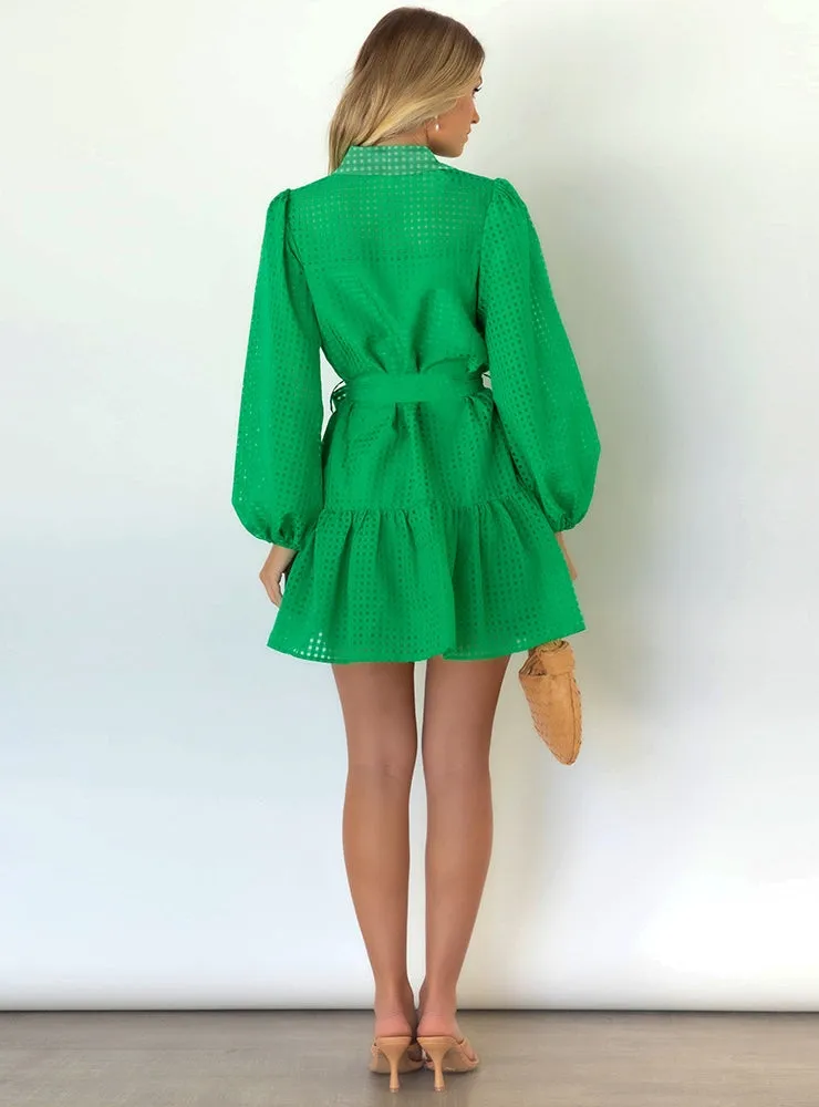 Leisure Lantern Sleeve Plaid See-through Dress