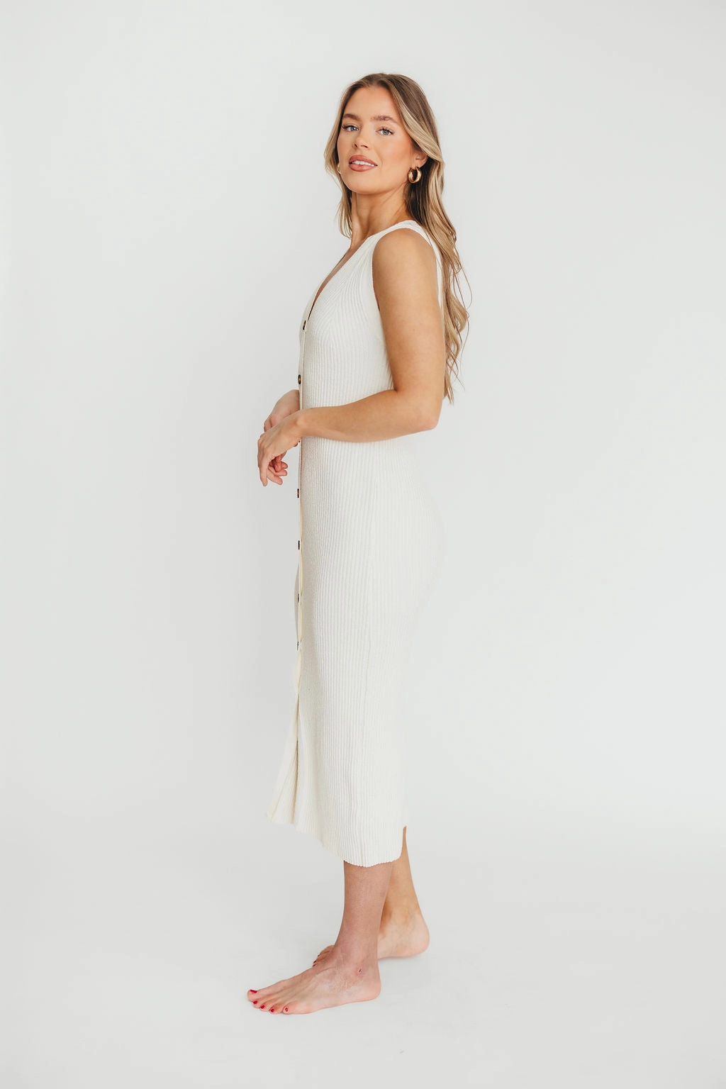Lelani Button Down Ribbed Knit Midi Dress in White - Nursing Friendly