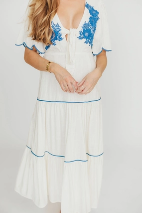 Lena Embroidered Tiered Midi Dress in Off-White/Blue *Final-Sale* Lena Embroidered Tiered Midi Dress in Off-White/Blue *Final-Sale*