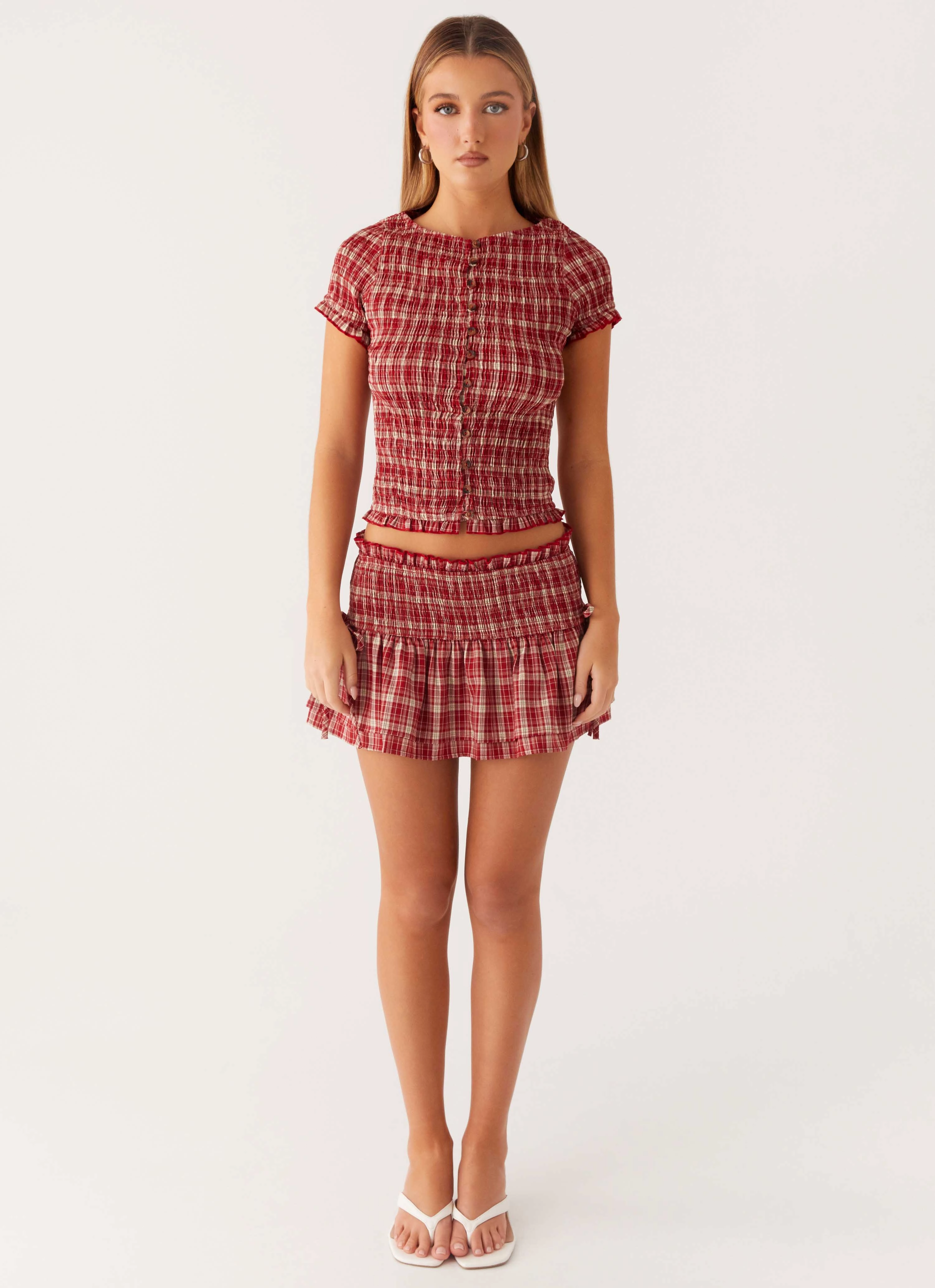 Lenore Button Top - Ruby Check