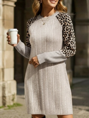 Leopard print long-sleeved round neck casual dress Leopard print long-sleeved round neck casual dress