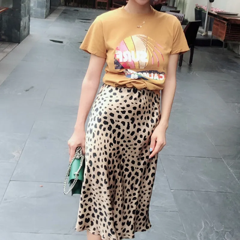 Leopard/Floral Print Satin Midi Skirts