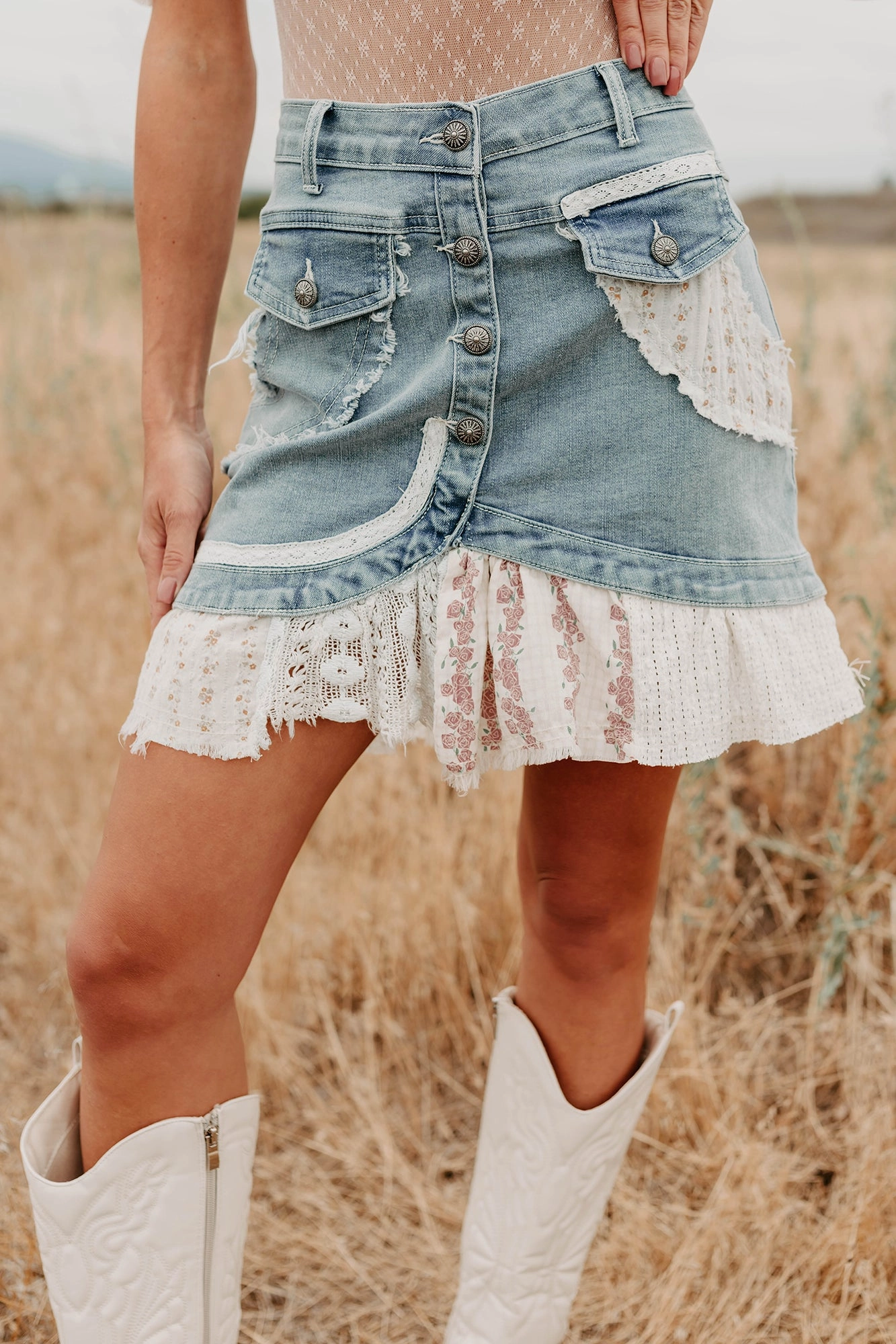 Let's Stick Together Patchwork Mini POL Skirt (Denim)