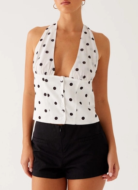 Lets Pretend Halterneck Top - White Polka Dot Lets Pretend Halterneck Top - White Polka Dot
