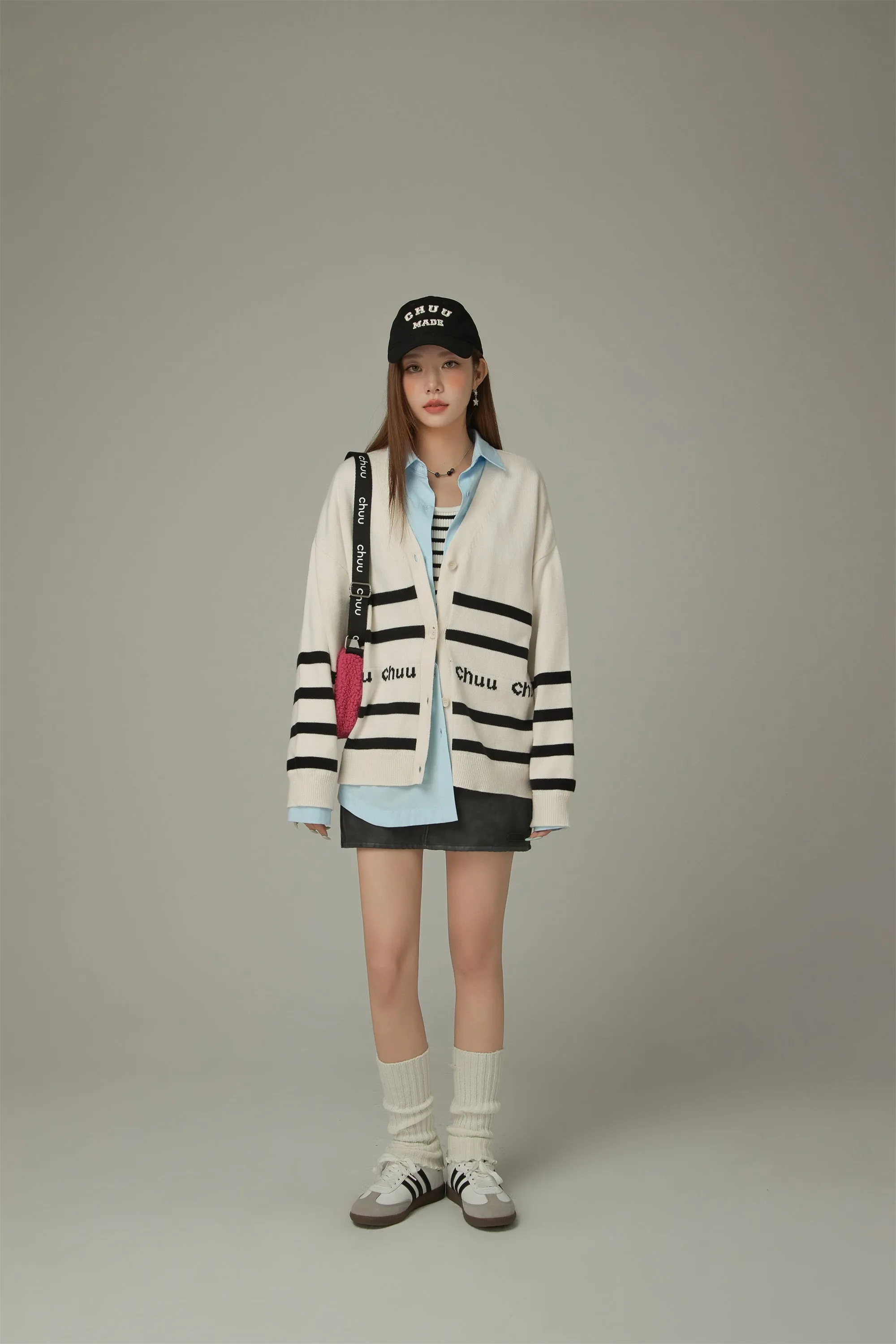 Lettering Striped Knit Cardigan