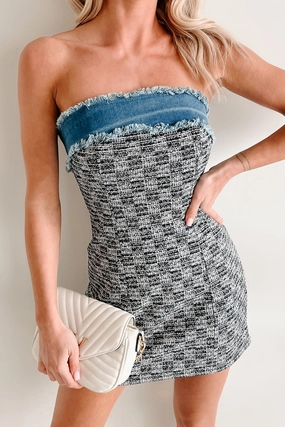 Letting Go Of Fear Denim Tweed Mini Dress (Black/Denim) Letting Go Of Fear Denim Tweed Mini Dress (Black/Denim)