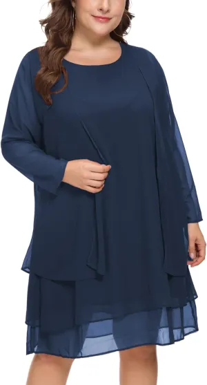 LIDLIT 2PCS Women's Chiffon Dress Mother of The Bride Dresses Long Sleeve Knee Length Jacket Dresses