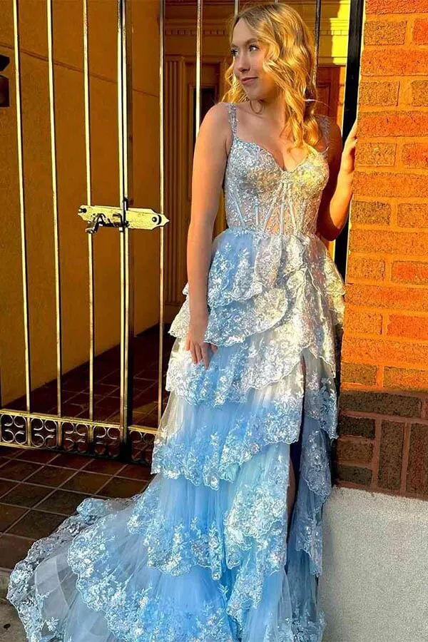 Light Blue A-line Sweetheart Tiered Lace Appliques Prom Dresses With Slit, SP986