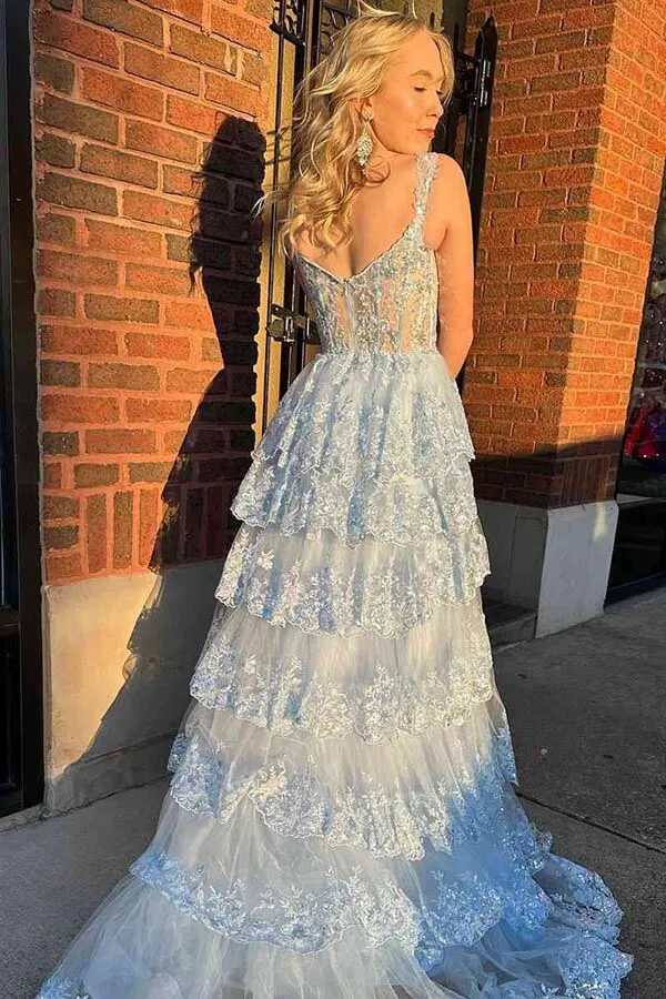 Light Blue A-line Sweetheart Tiered Lace Appliques Prom Dresses With Slit, SP986