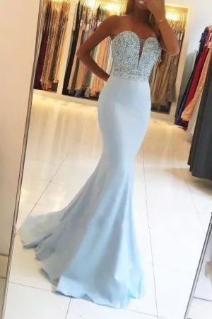 Light Blue Mermaid Strapless Beading Sleeveless Sweep Train Prom Dresses