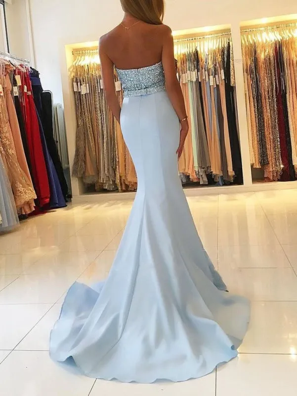 Light Blue Mermaid Strapless Beading Sleeveless Sweep Train Prom Dresses