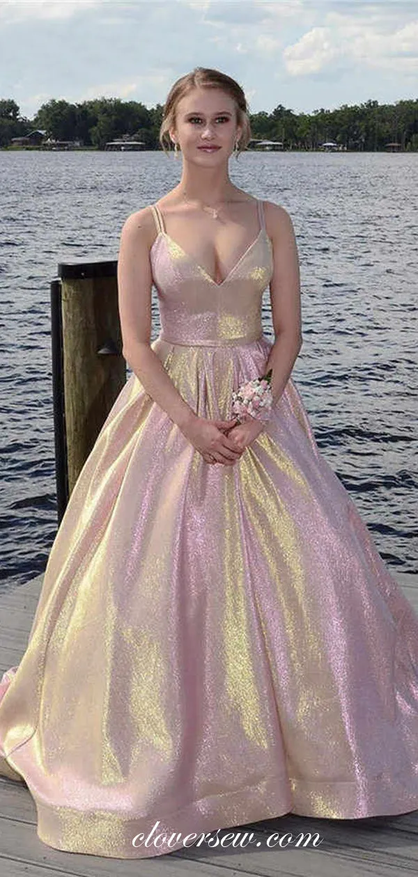Light Pink Shiny Satin Spaghetti Strap A-line Prom Dresses,CP0264