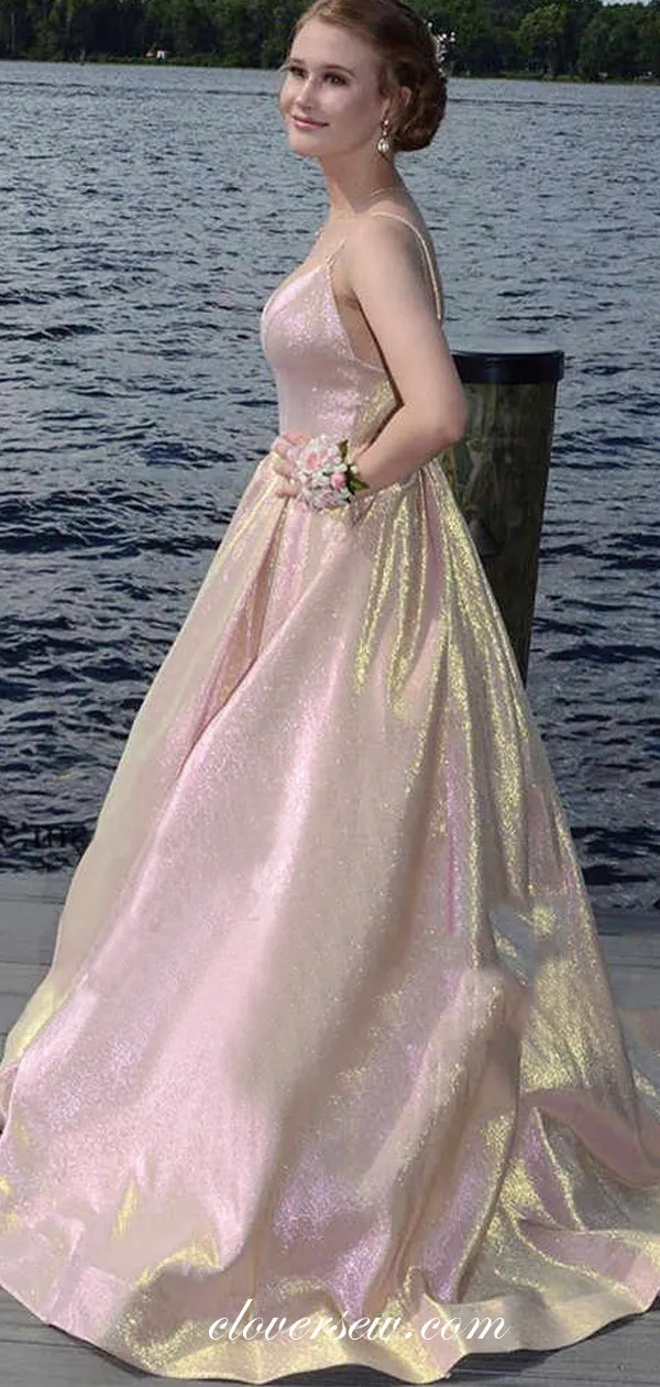 Light Pink Shiny Satin Spaghetti Strap A-line Prom Dresses,CP0264