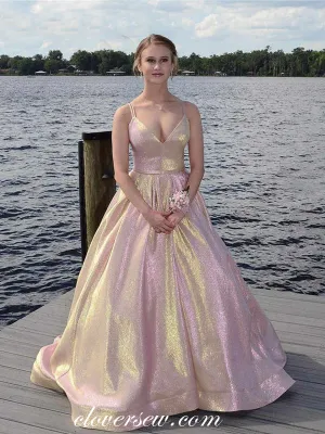 Light Pink Shiny Satin Spaghetti Strap A-line Prom Dresses,CP0264