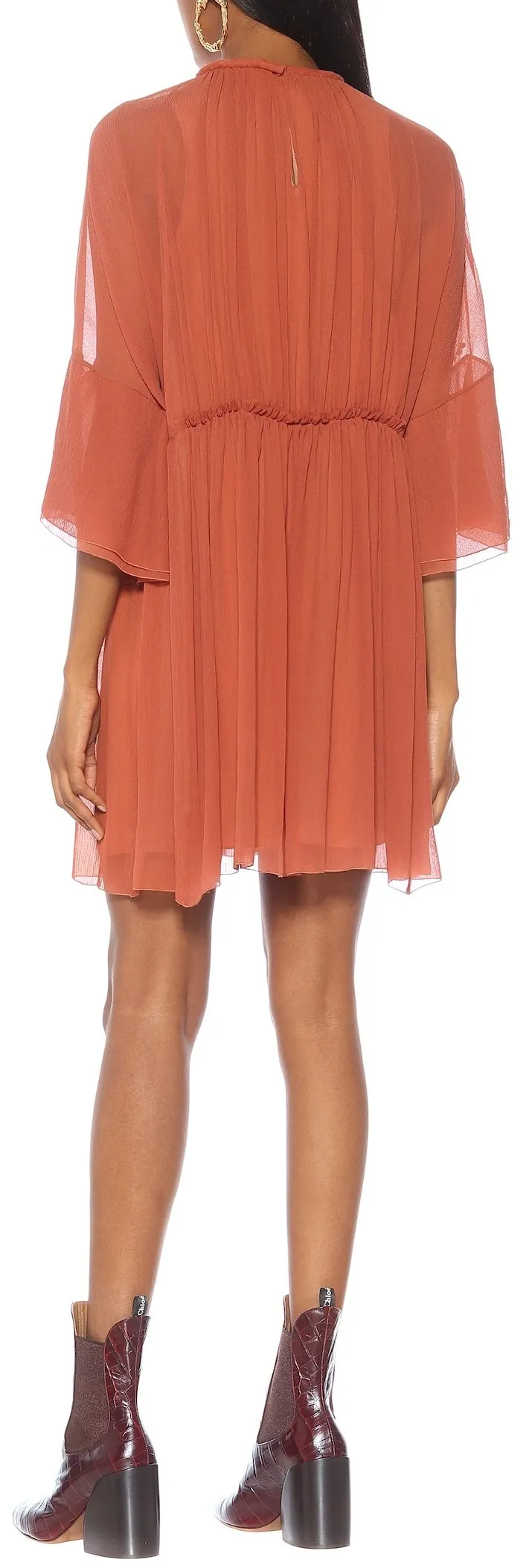 Light Silk Cr̻pon Dress with Embroidered Details, Auburn/Orange
