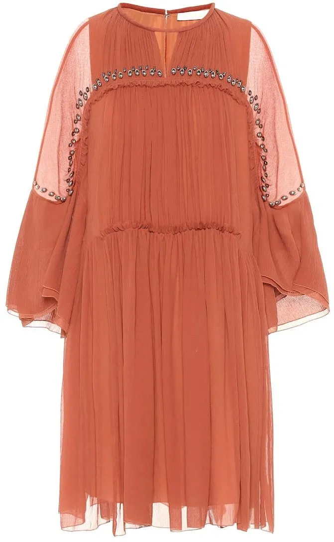 Light Silk Cr̻pon Dress with Embroidered Details, Auburn/Orange