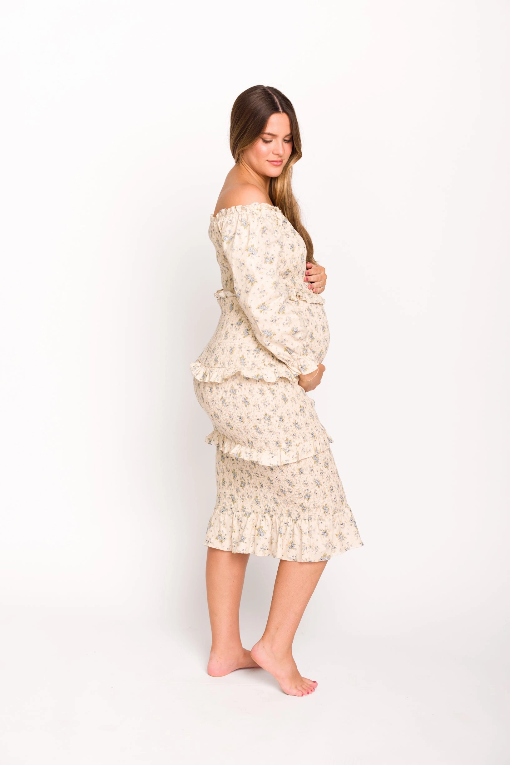 Lila Floral Printed Smocked Midi Dress in Blue - Bump Friendly *Final-Sale*