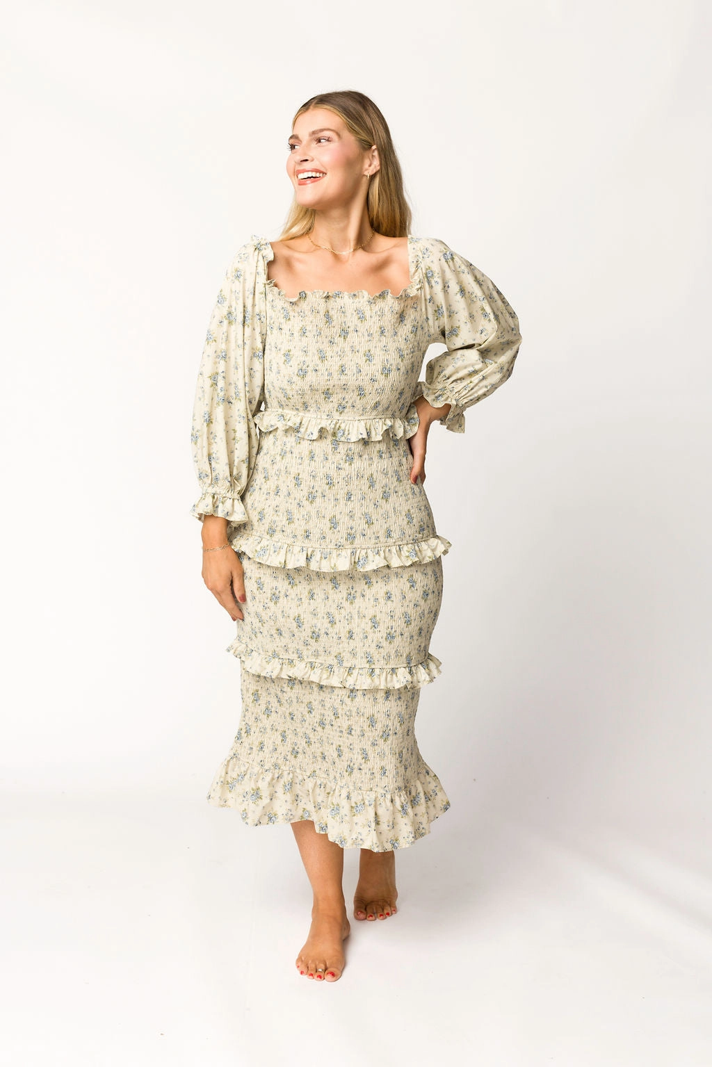 Lila Floral Printed Smocked Midi Dress in Blue - Bump Friendly *Final-Sale*