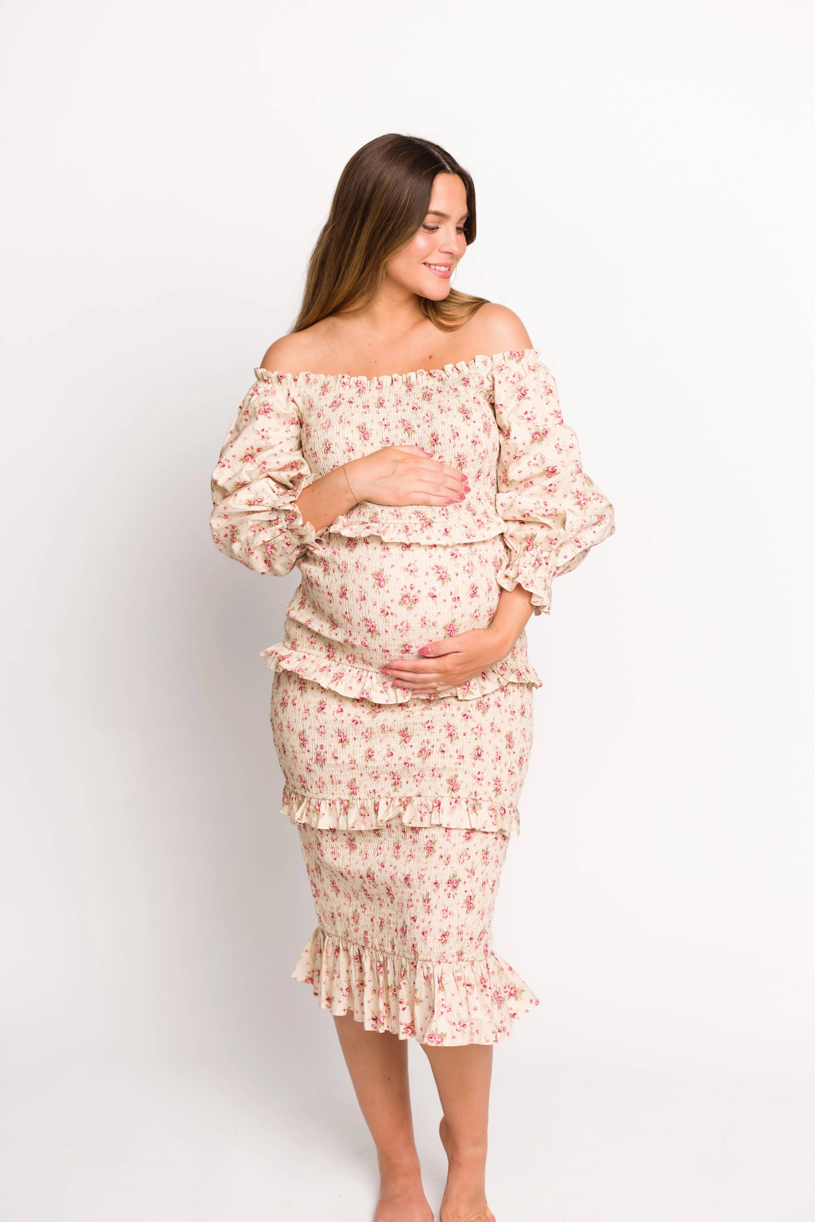 Lila Floral Printed Smocked Midi Dress in Pink - Bump Friendly *Final-Sale*