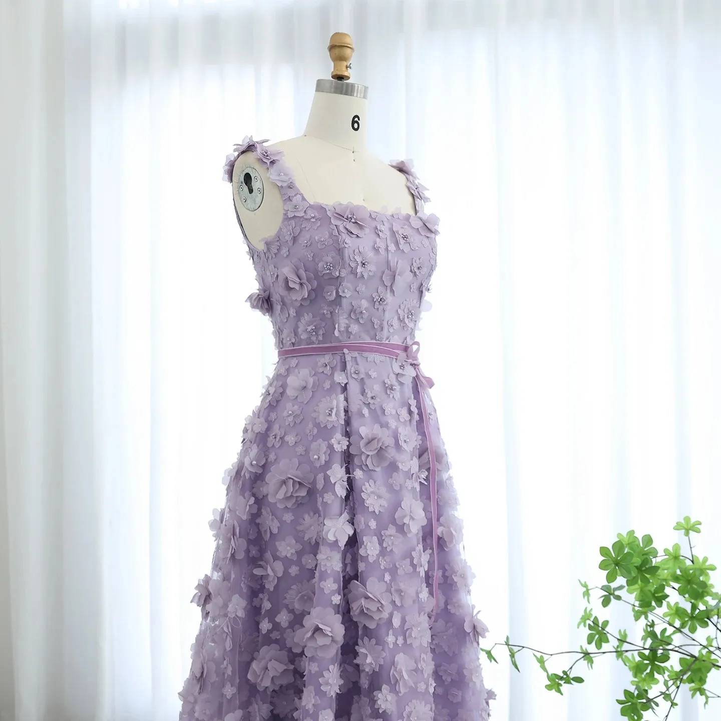 Lilac 3D Floral Evening Gown with High Slit