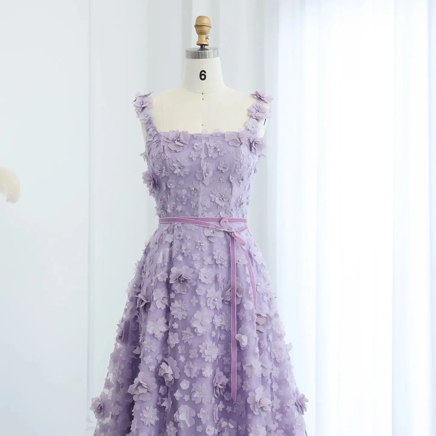 Lilac 3D Floral Evening Gown with High Slit