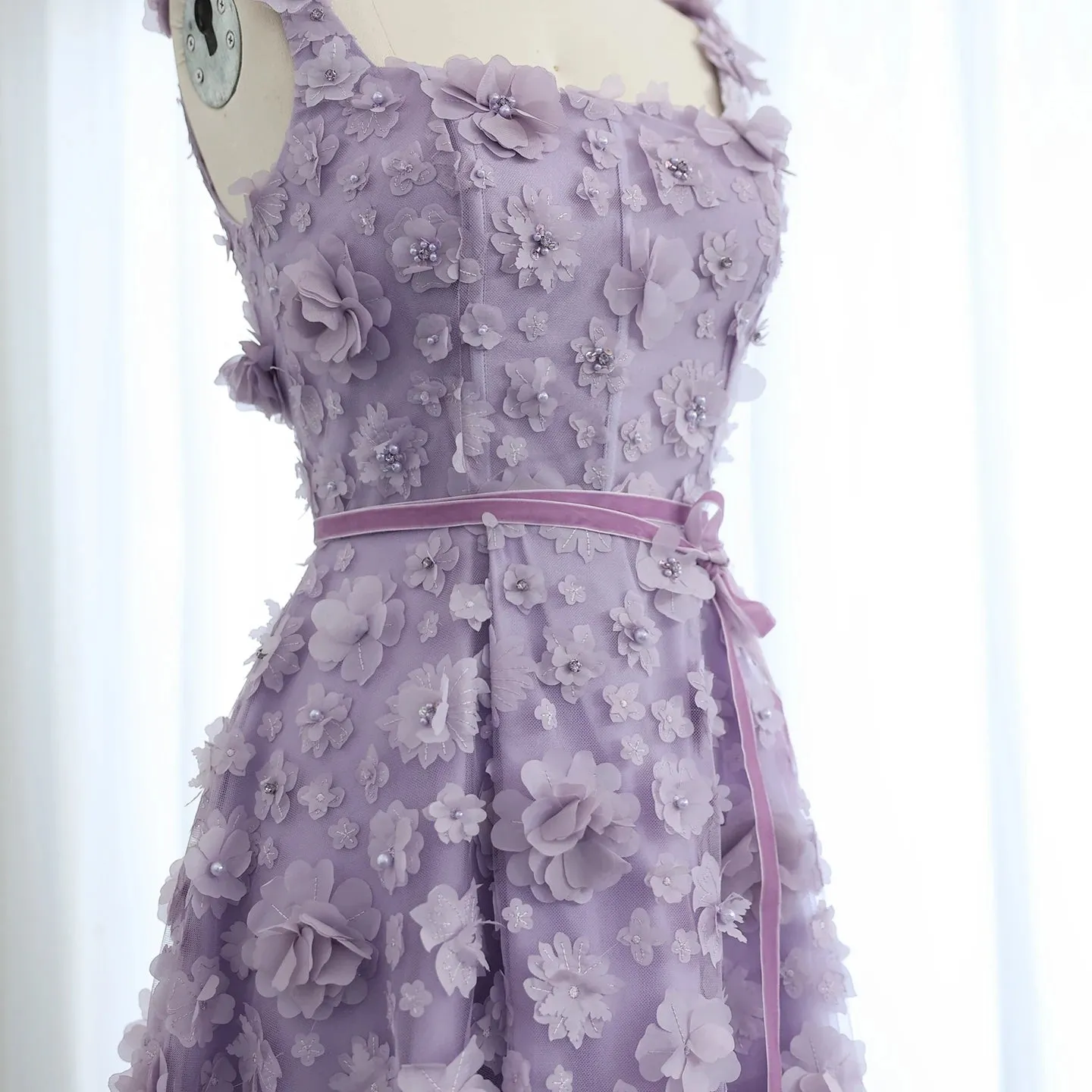 Lilac 3D Floral Evening Gown with High Slit