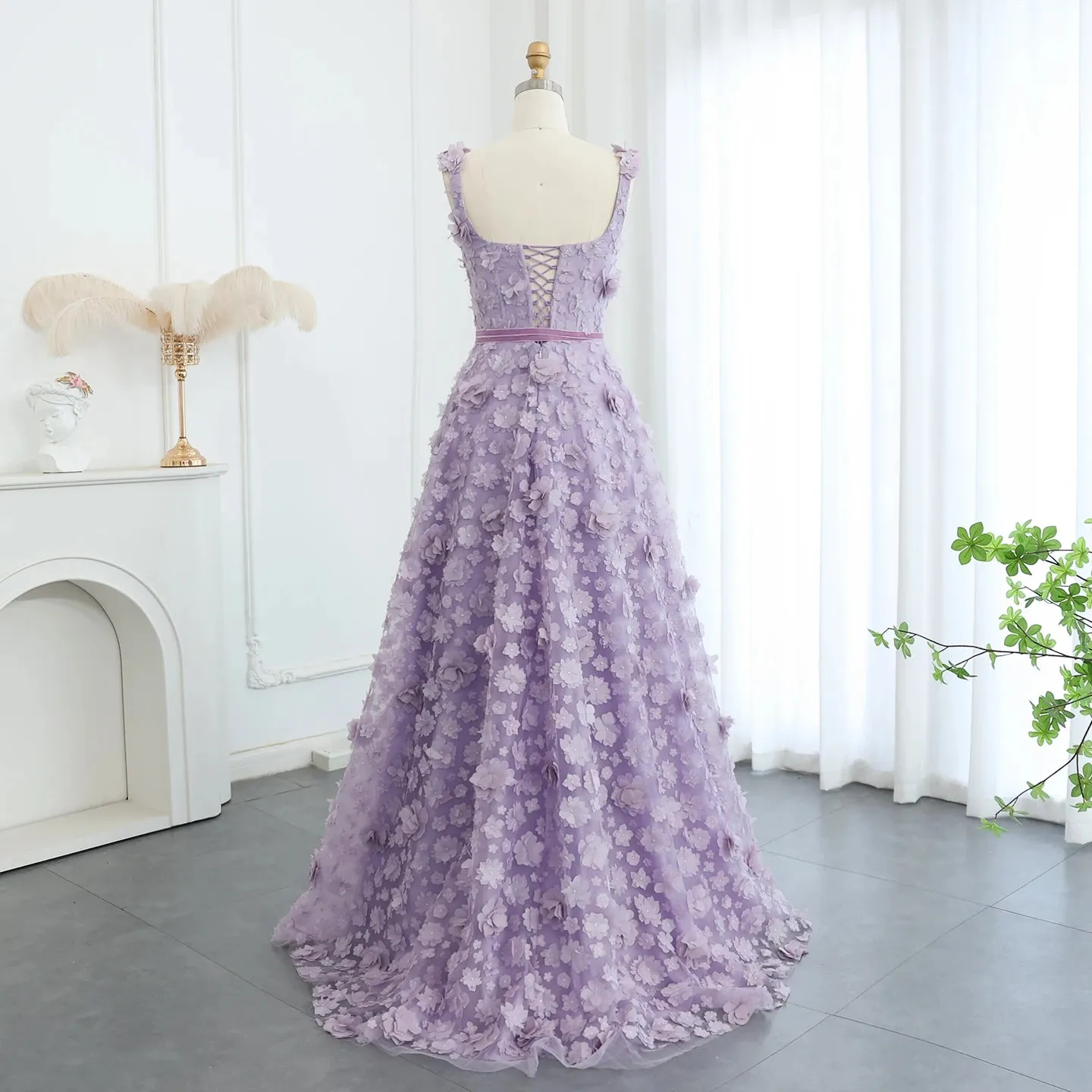 Lilac 3D Floral Evening Gown with High Slit