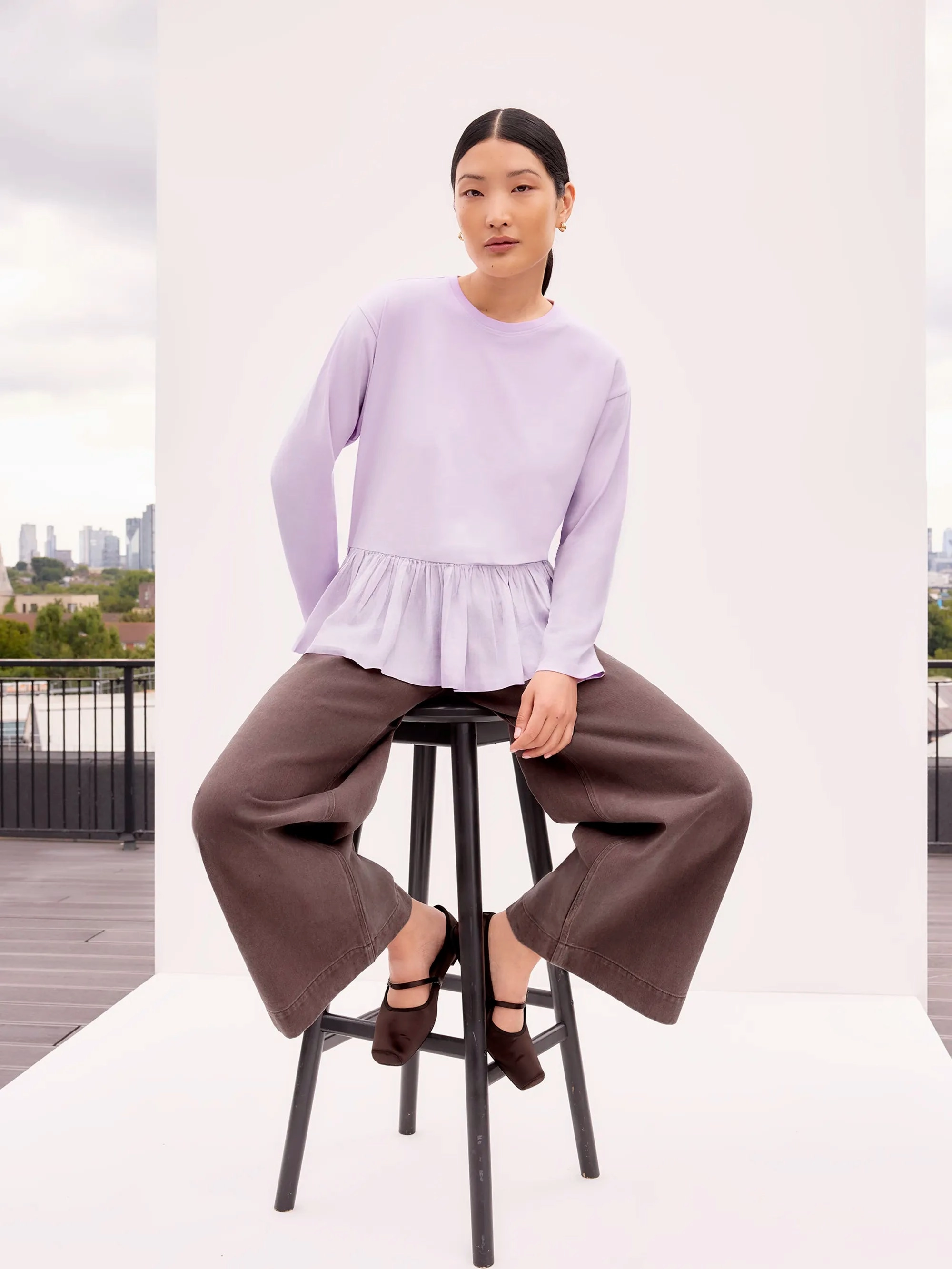 Lilac Peplum-Hem Long-Sleeved Organic Cotton T-Shirt