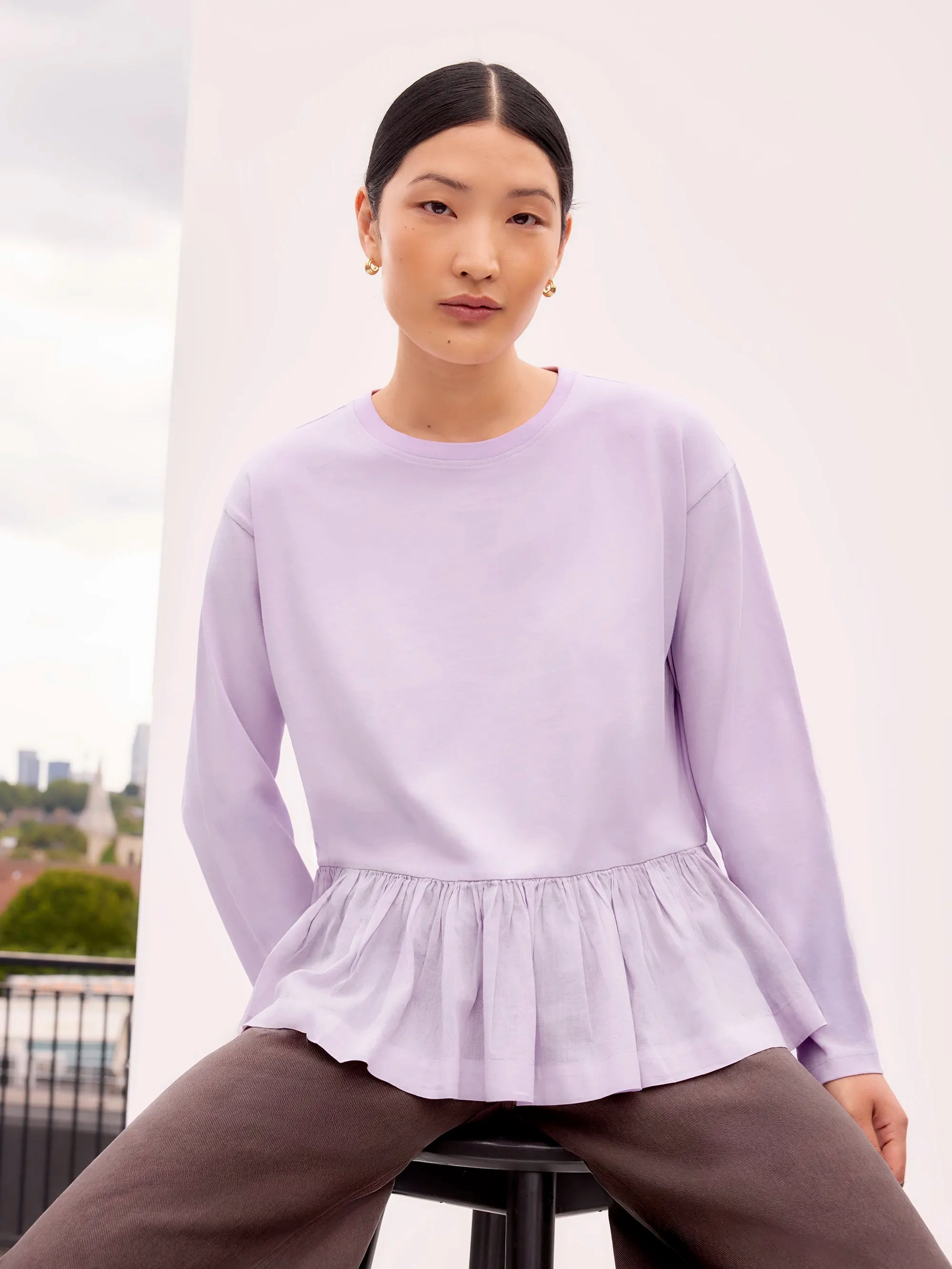Lilac Peplum-Hem Long-Sleeved Organic Cotton T-Shirt
