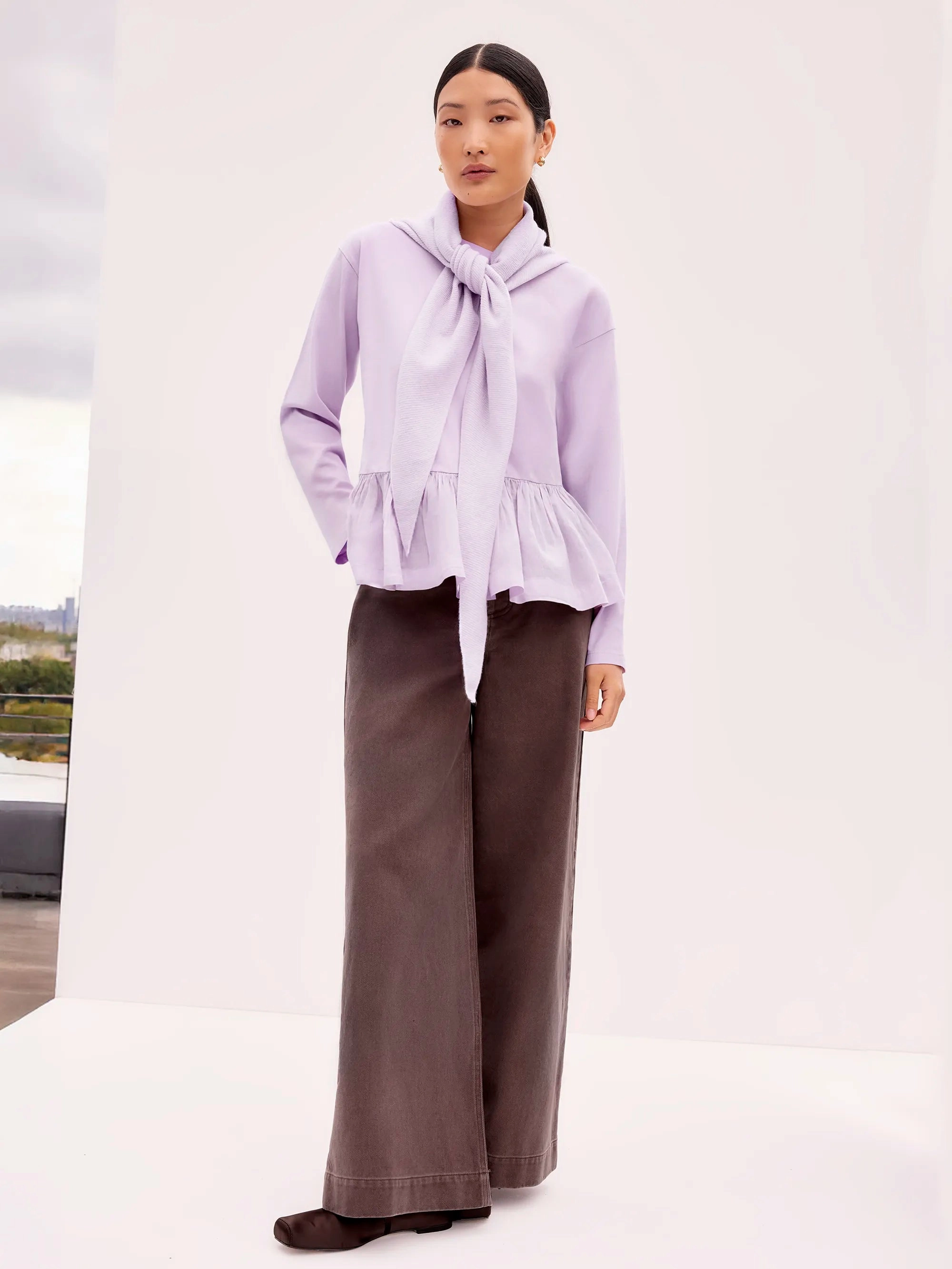 Lilac Peplum-Hem Long-Sleeved Organic Cotton T-Shirt