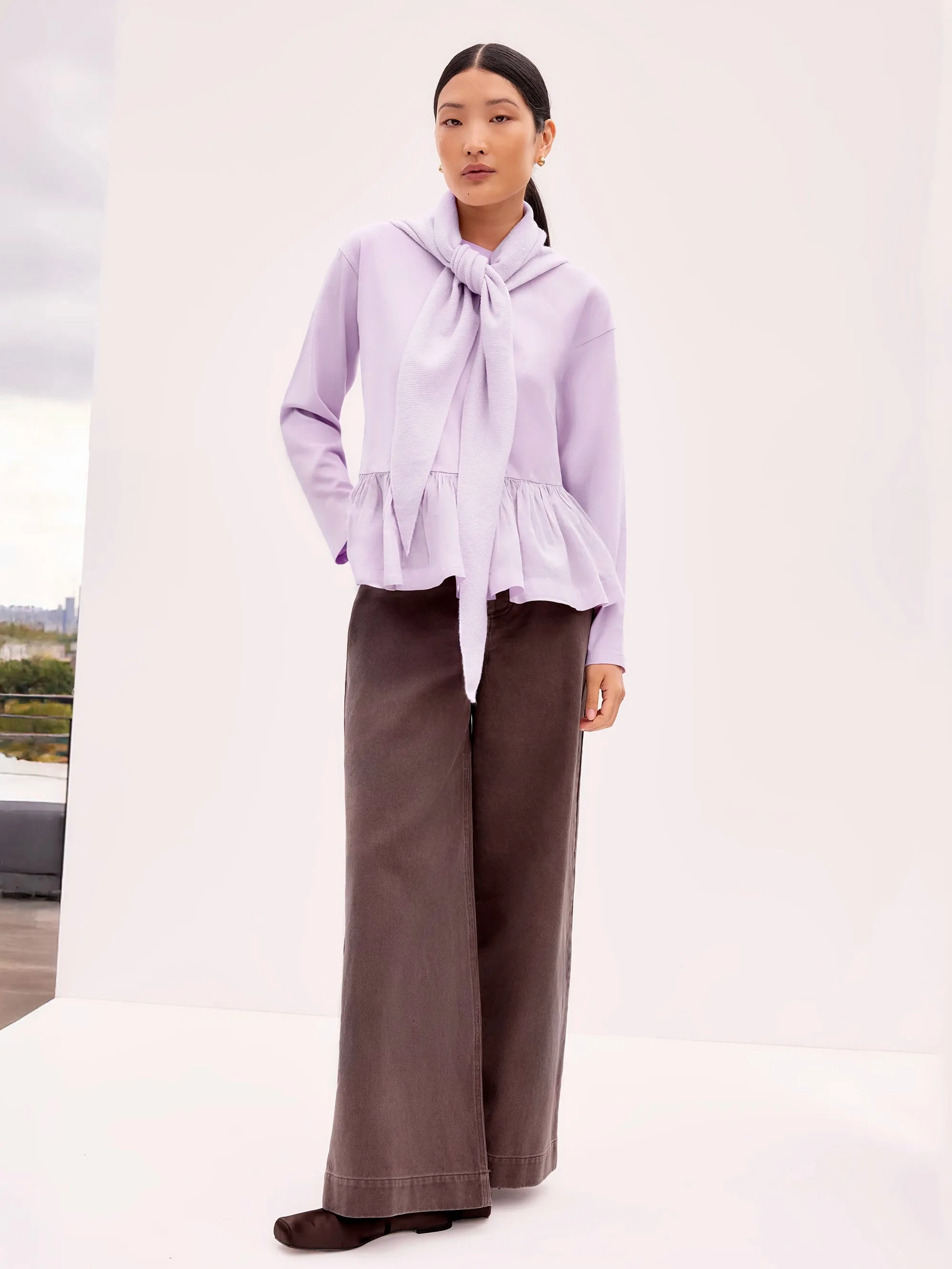 Lilac Peplum-Hem Long-Sleeved Organic Cotton T-Shirt