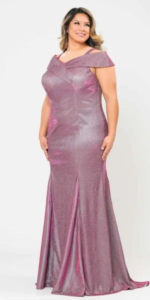 Lindas W1042 Floor Length Off the Shoulder Glitter Knit Plus Size Dress