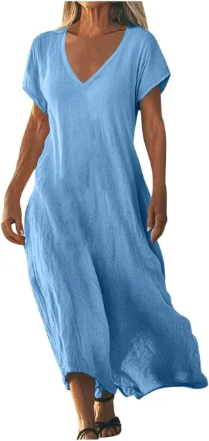 Linen Casual Dresses for Women 2025 Flowy V Neck Short Sleeve Maxi Loose Long Dress Lightweight