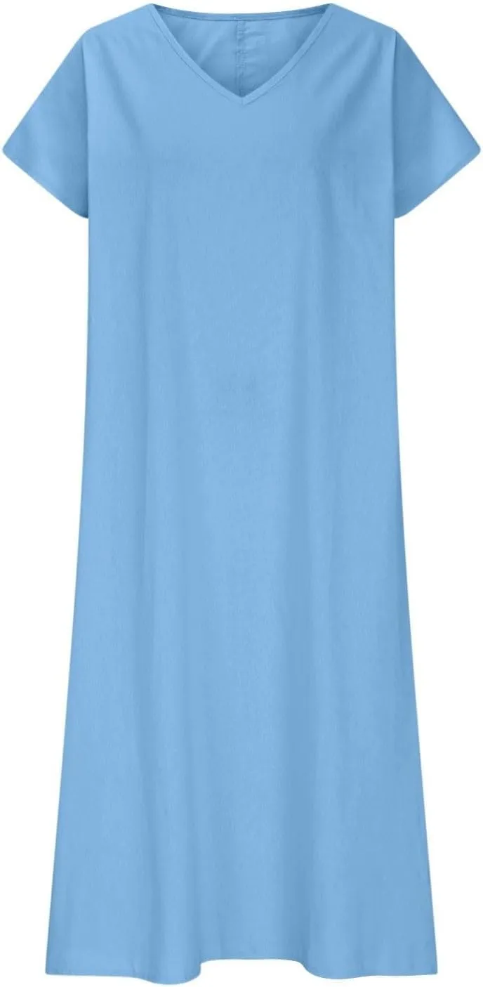 Linen Casual Dresses for Women 2025 Flowy V Neck Short Sleeve Maxi Loose Long Dress Lightweight