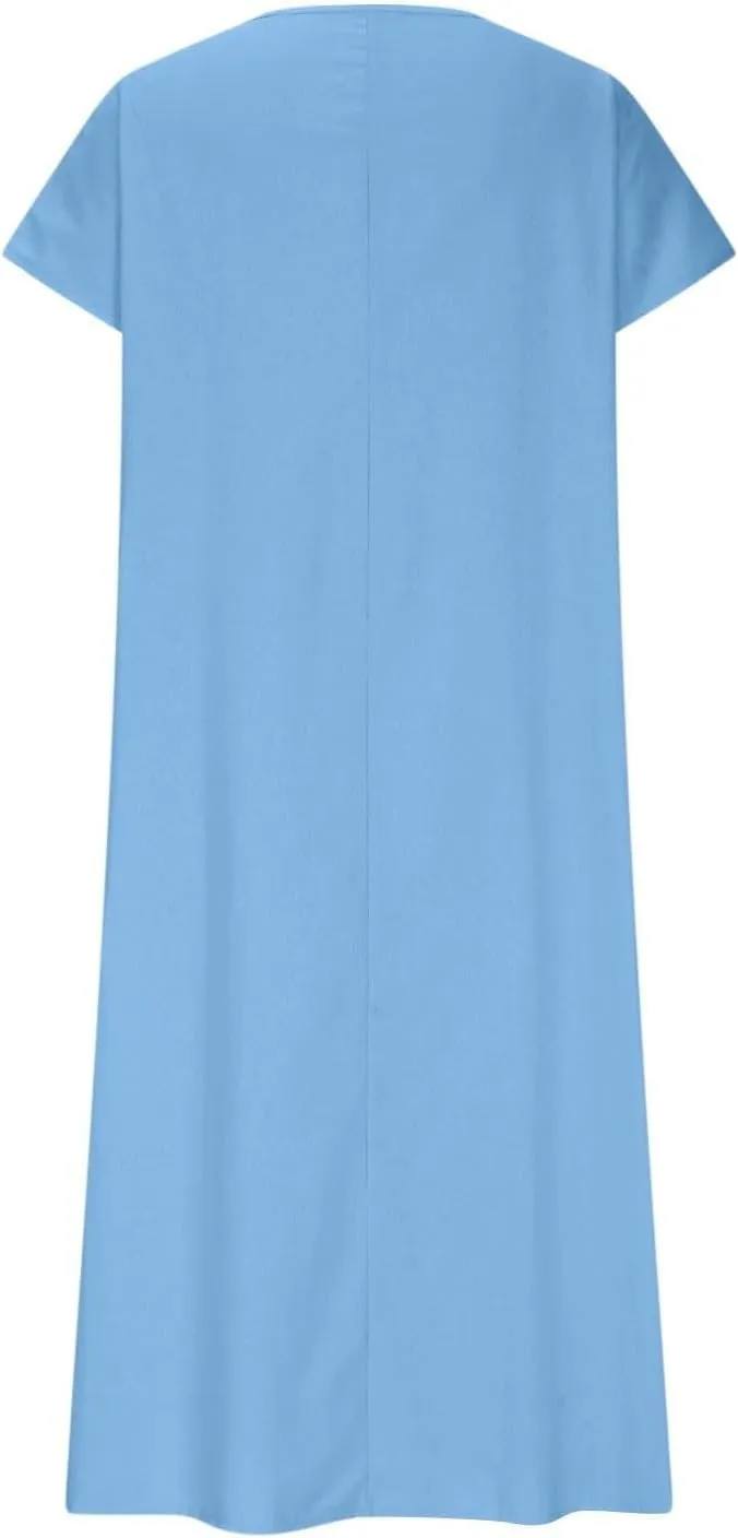 Linen Casual Dresses for Women 2025 Flowy V Neck Short Sleeve Maxi Loose Long Dress Lightweight