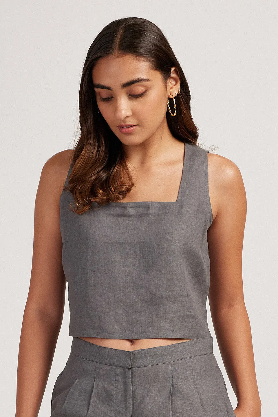 Linen Co-ord Set with Crop Tank and Tailored Shorts