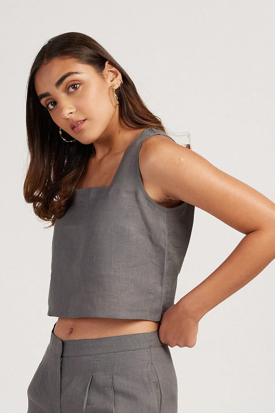 Linen Co-ord Set with Crop Tank and Tailored Shorts