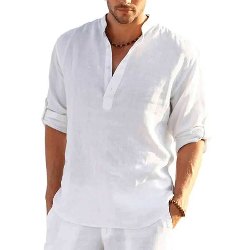 Linen Long Sleeve Shirt Solid Color Casual Long Sleeve Cotton Linen Shirt Tops Size S-5XL